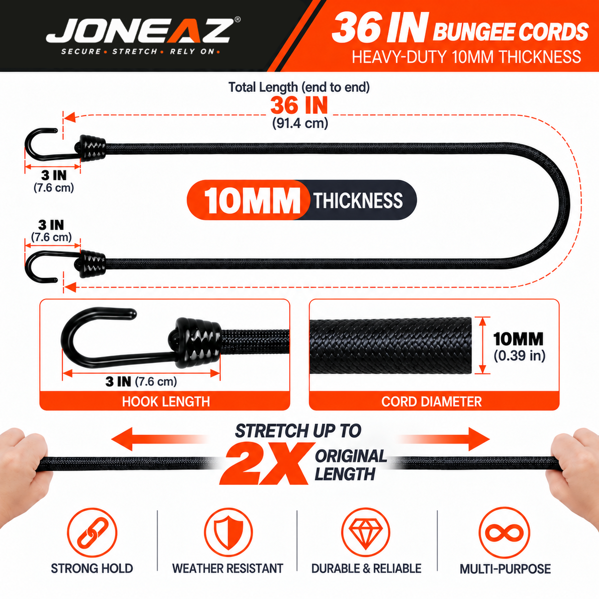 JONEAZ 10mm Heavy-Duty Bungee Cords with Hooks, 4-Pack, 12–72 Inch
