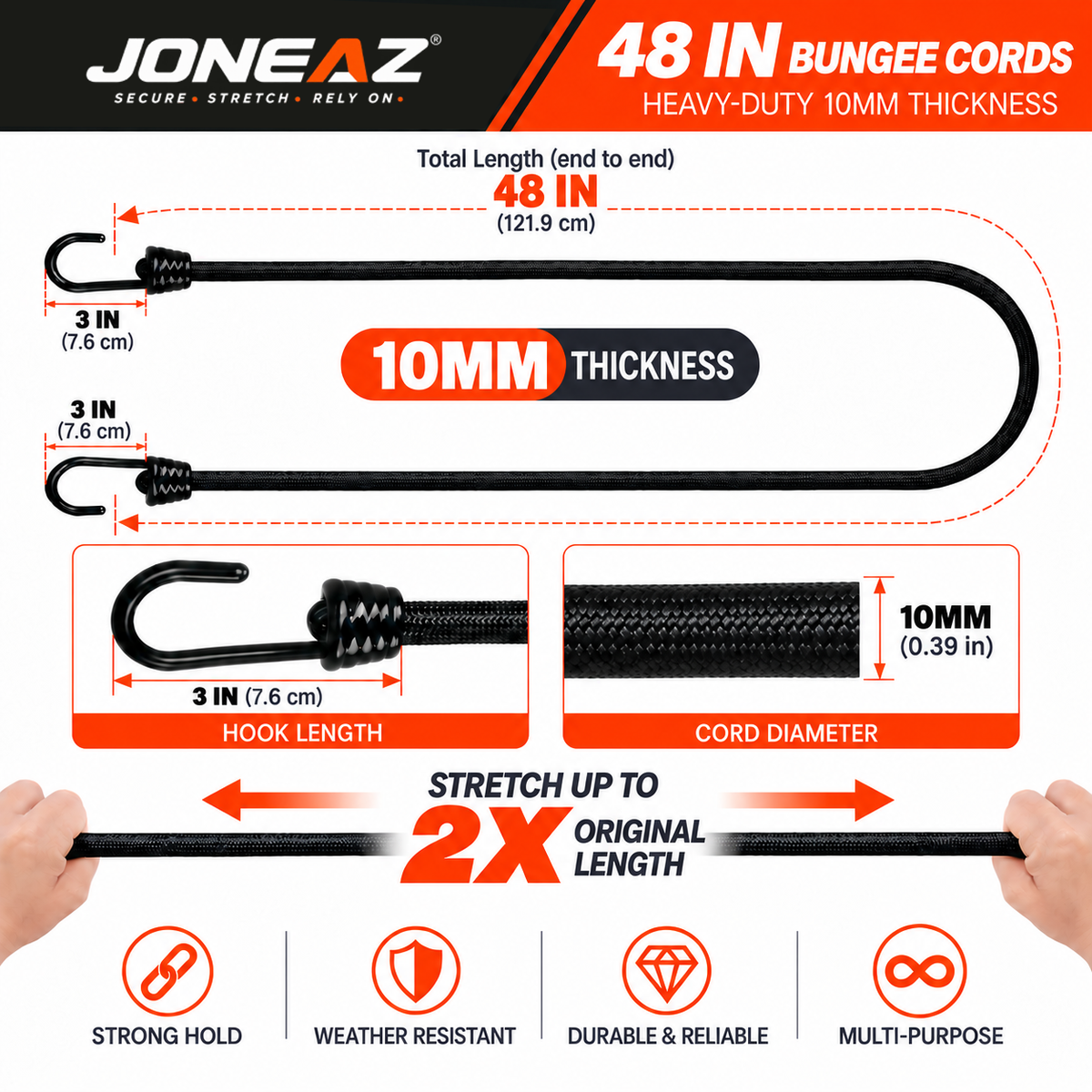 JONEAZ 10mm Heavy-Duty Bungee Cords with Hooks, 4-Pack, 12–72 Inch