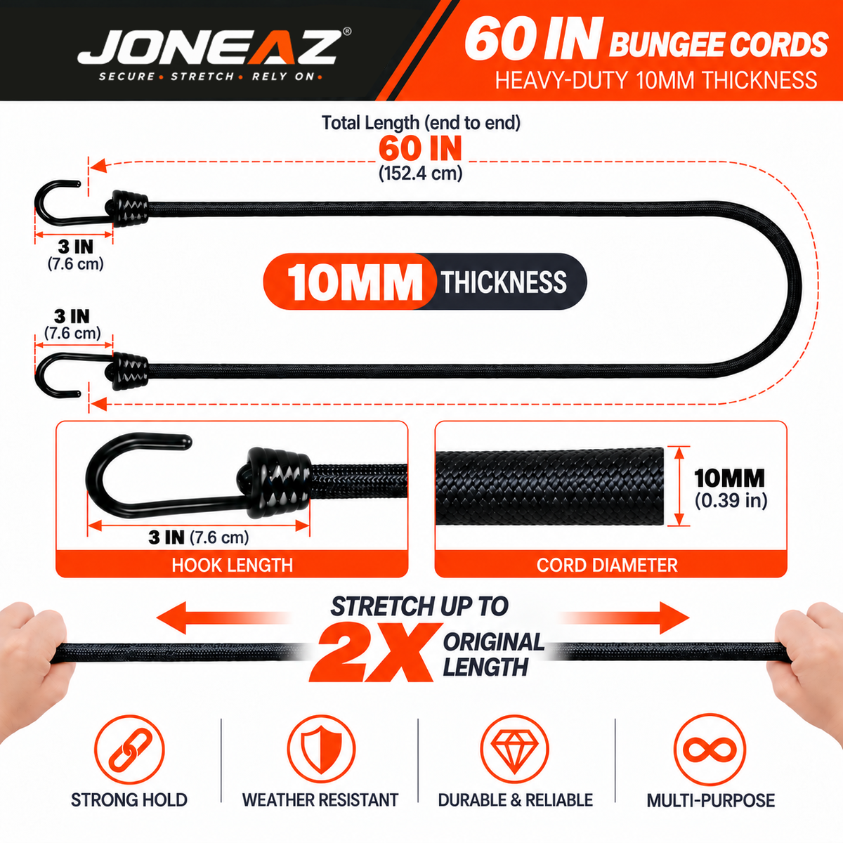 JONEAZ 10mm Heavy-Duty Bungee Cords with Hooks, 4-Pack, 12–72 Inch