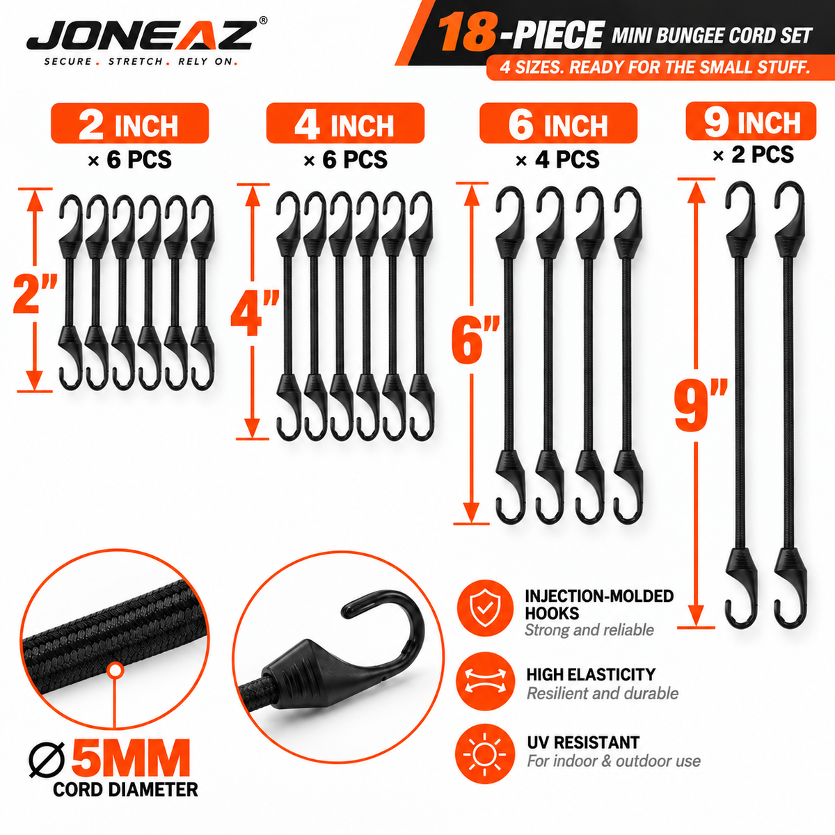 JONEAZ Small Bungee Cords with Hooks, Light Duty, 2–12 Inch & Mix Size
