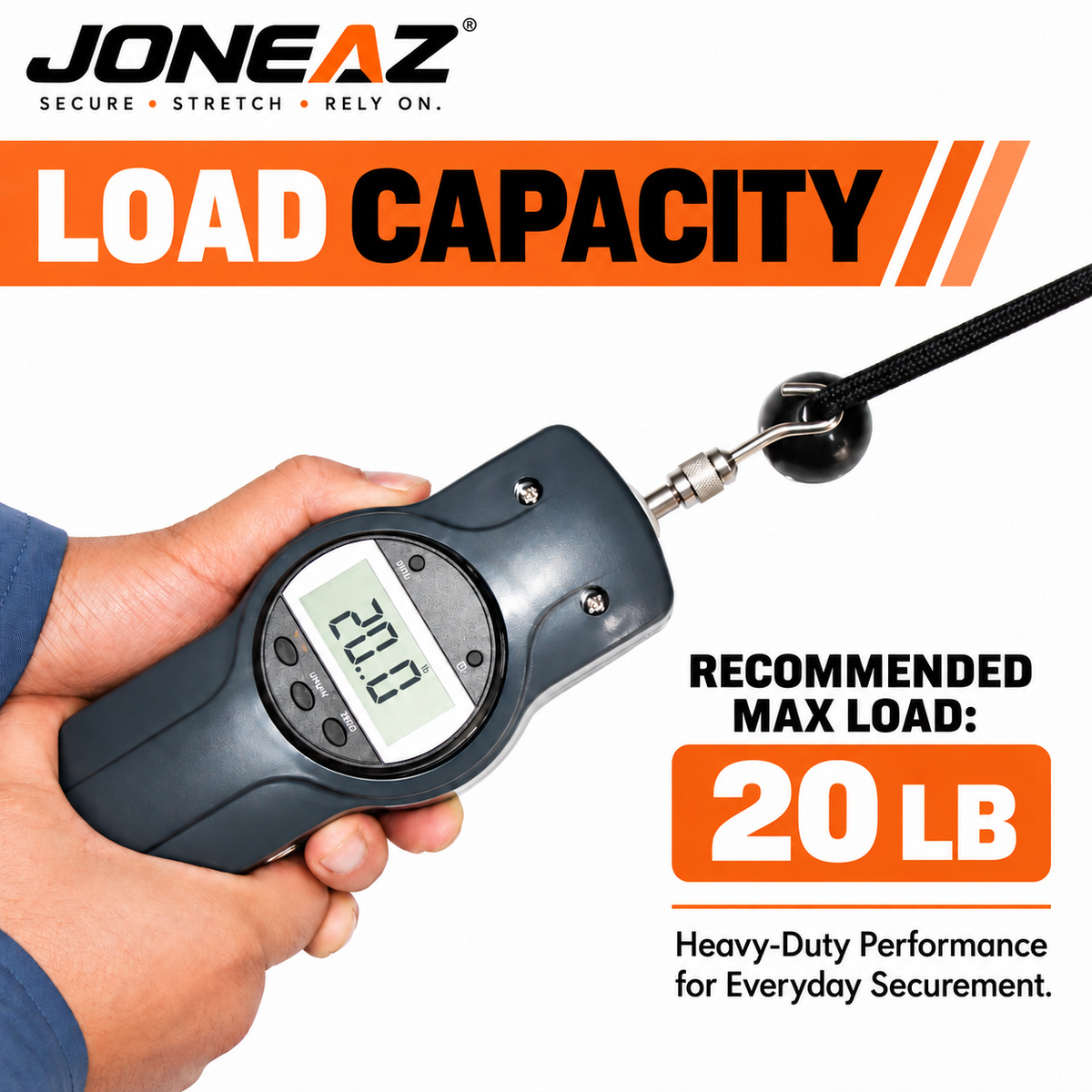 Black ball bungee attached to a handheld force gauge in a load-capacity illustration