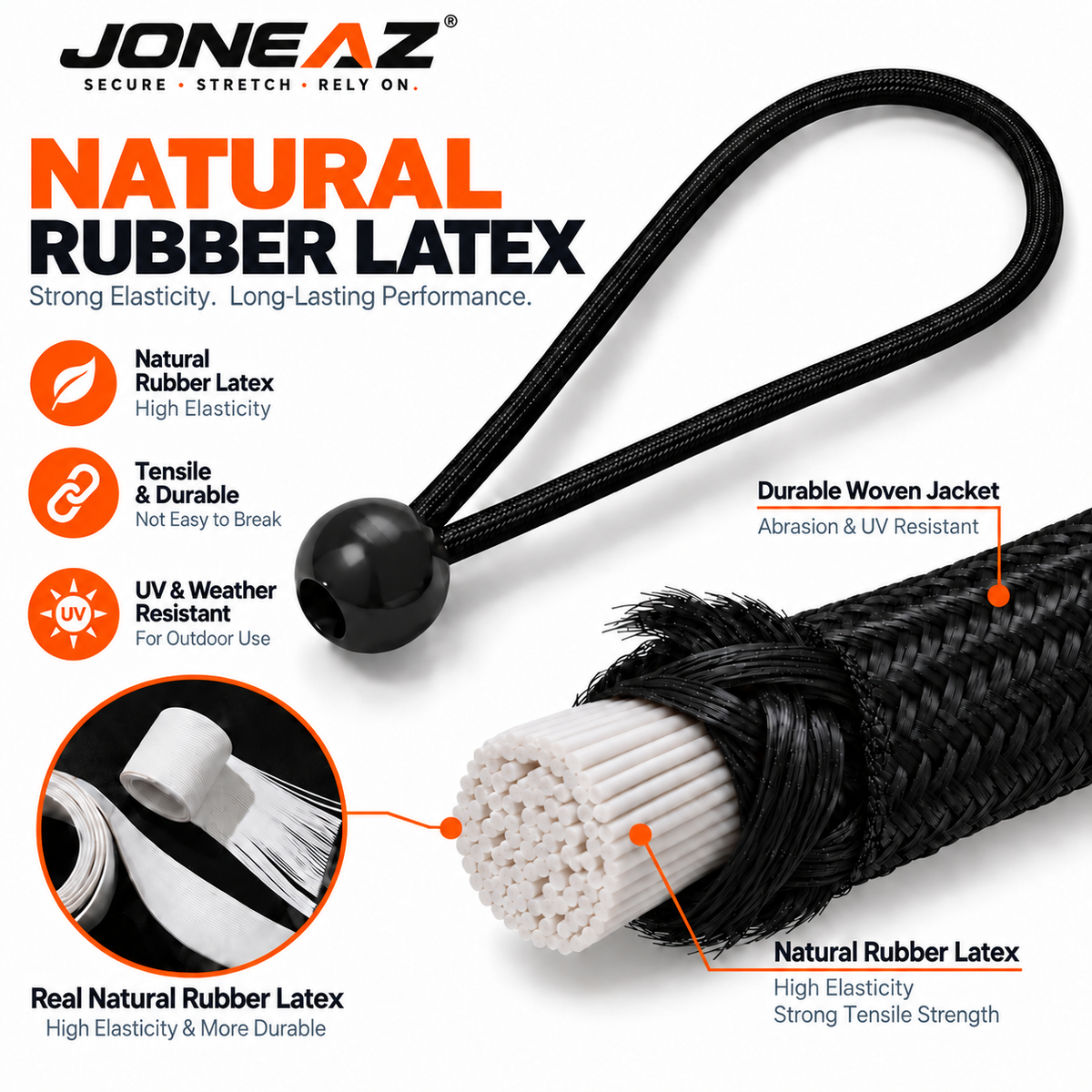 Black ball bungee with a cutaway illustration of its natural rubber latex core and woven jacket