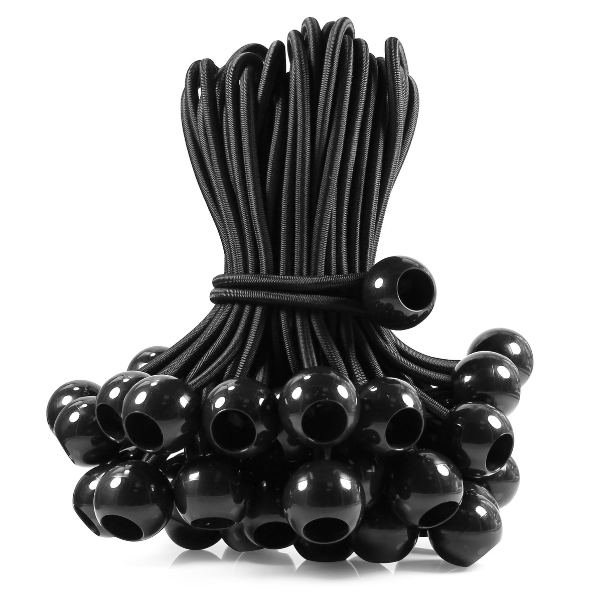 Bundle of black ball bungee cords with looped elastic cords and round fastening balls
