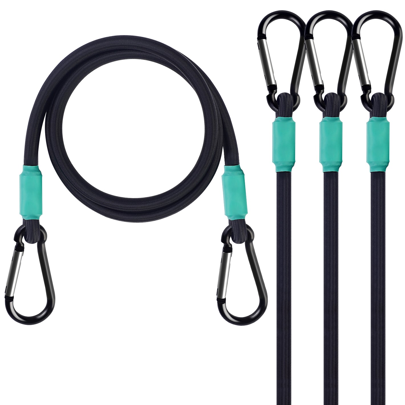 Bungee Cord with Carabiner Hooks 24 inch, 4-Piece,Black Nylon Fiber, 5/16 inch Diameter Cord, UV Resistant, for Securing Tarp and Rear Luggage in Travelling or Camping