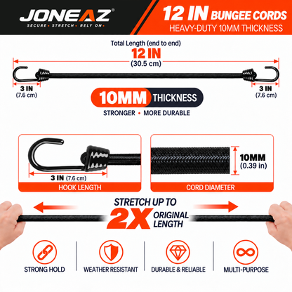 JONEAZ 10mm Heavy-Duty Bungee Cords with Hooks, 4-Pack, 12–72 Inch