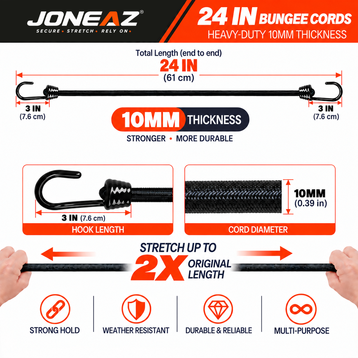 JONEAZ 10mm Heavy-Duty Bungee Cords with Hooks, 4-Pack, 12–72 Inch