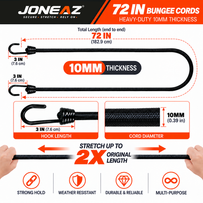 JONEAZ 10mm Heavy-Duty Bungee Cords with Hooks, 4-Pack, 12–72 Inch