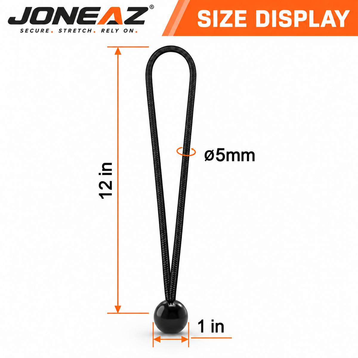 JONEAZ 12-inch ball bungee size diagram showing a 5mm cord and 1-inch ball