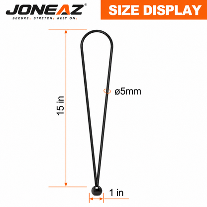 JONEAZ 15-inch ball bungee size diagram showing a 5mm cord and 1-inch ball