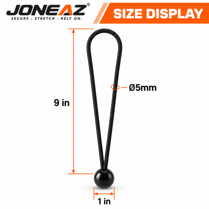 JONEAZ 9-inch ball bungee size diagram showing a 5mm cord and 1-inch ball