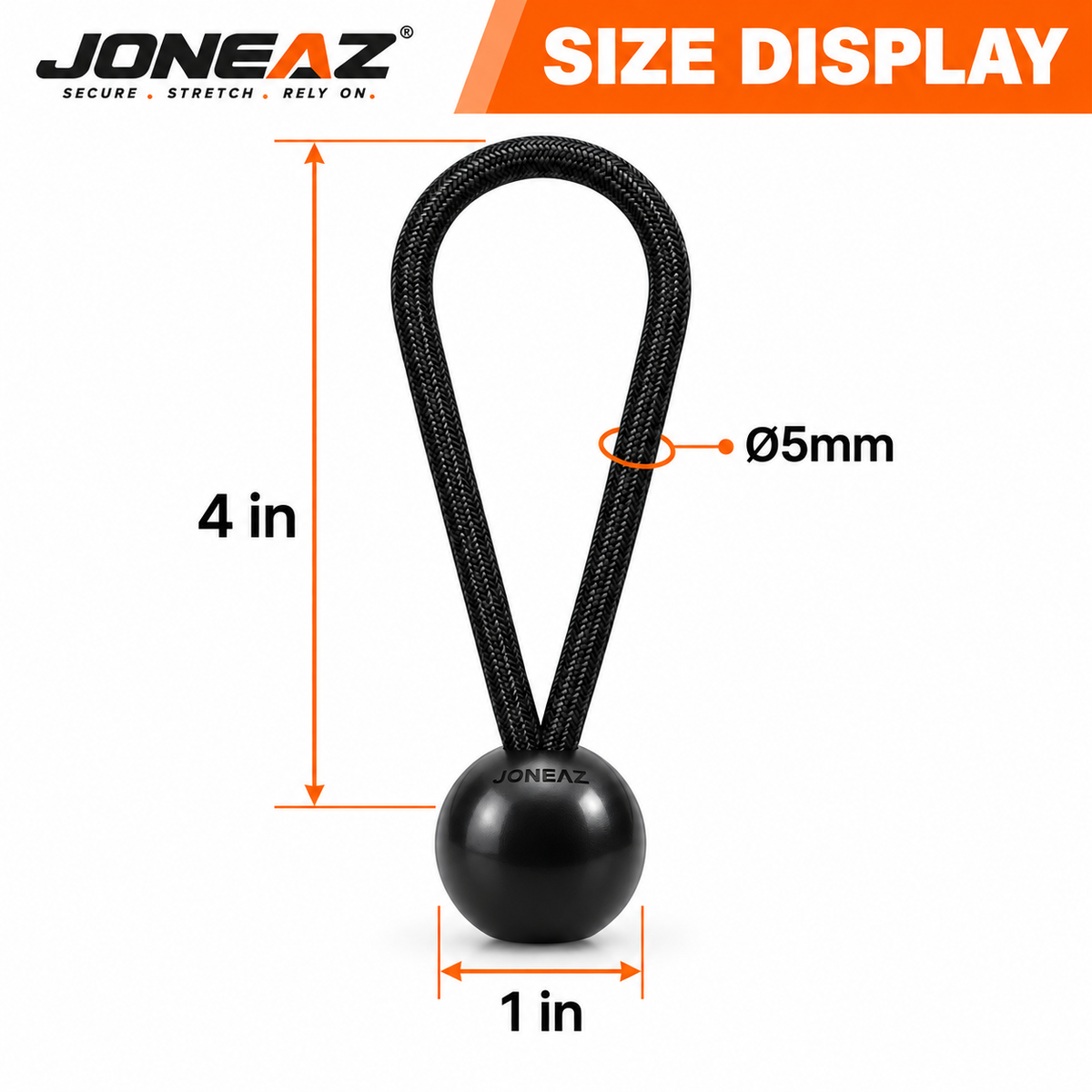 JONEAZ 4-inch ball bungee size diagram showing a 5mm cord and 1-inch ball