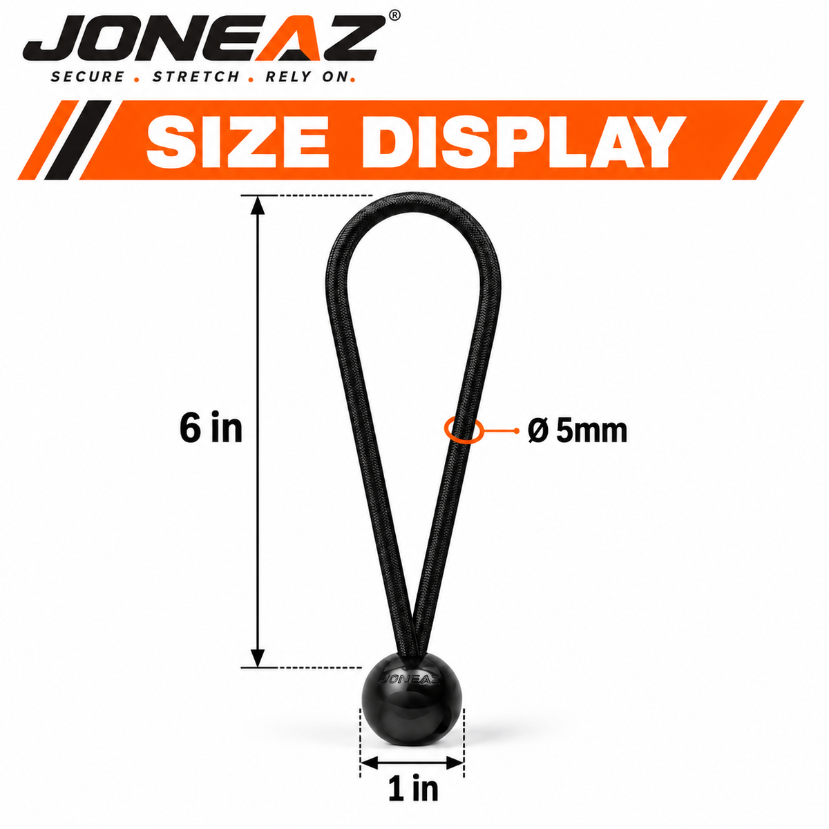 JONEAZ 6-inch ball bungee size diagram showing a 5mm cord and 1-inch ball