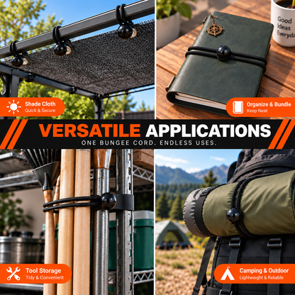 Ball bungees securing shade cloth, a notebook, garden tools and a camping roll