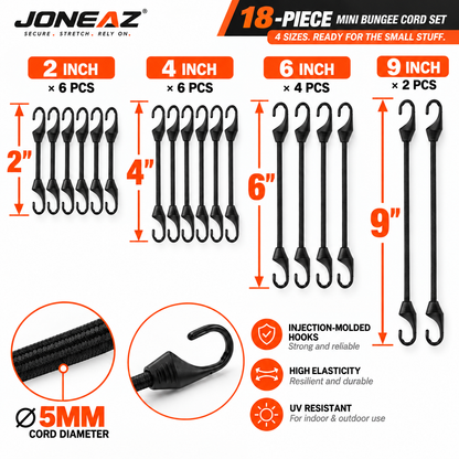 JONEAZ Small Bungee Cords with Hooks, Light Duty, 2–12 Inch & Mix Size