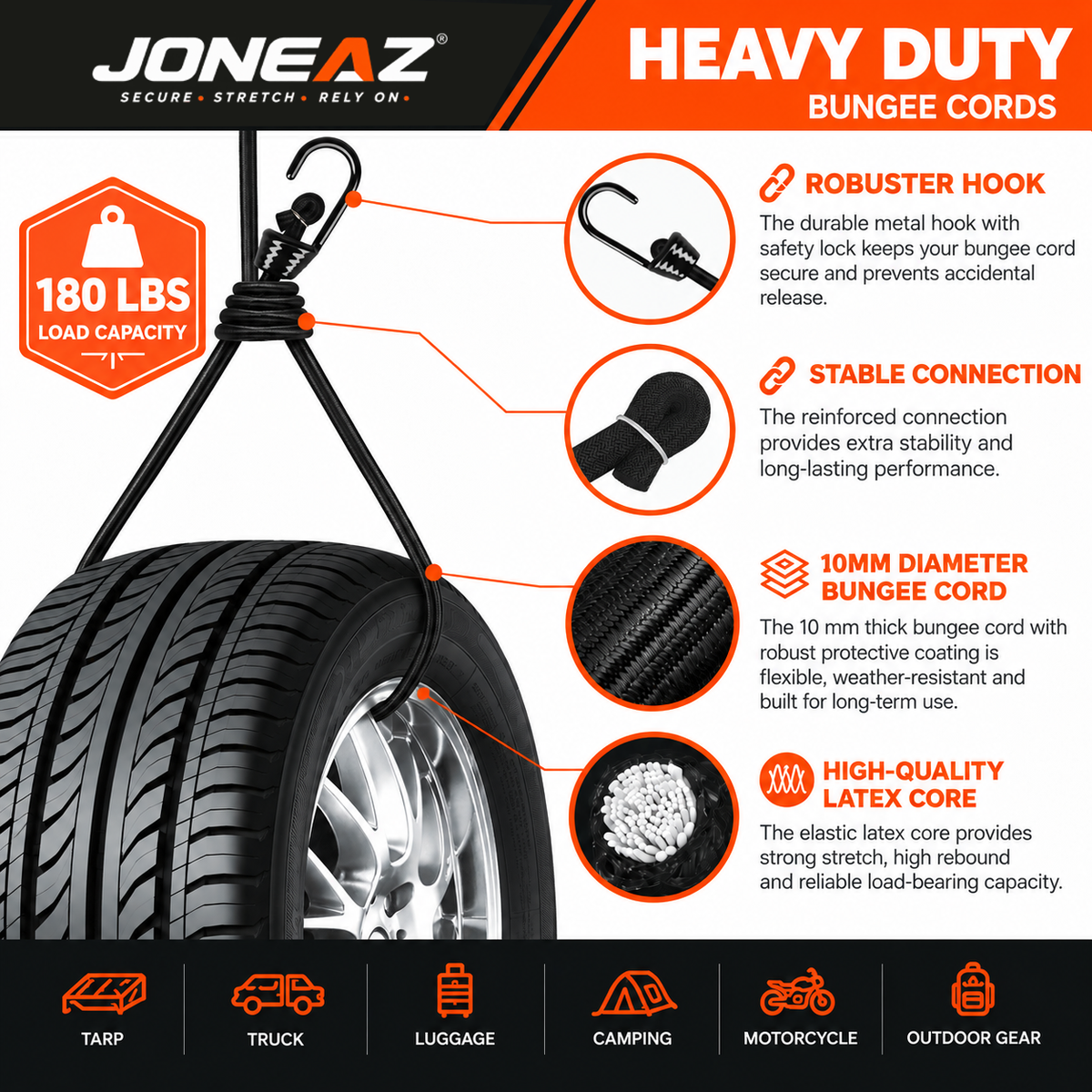 JONEAZ 10mm Heavy-Duty Bungee Cords with Hooks, 4-Pack, 12–72 Inch