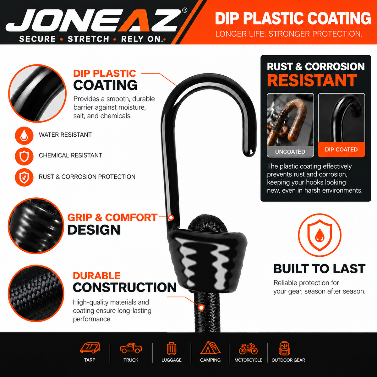 JONEAZ 10mm Heavy-Duty Bungee Cords with Hooks, 4-Pack, 12–72 Inch
