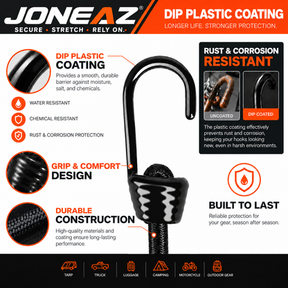 JONEAZ 10mm Heavy-Duty Bungee Cords with Hooks, 4-Pack, 12–72 Inch