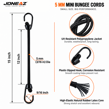 JONEAZ Mini Bungee Cords with Hooks, 5mm, 2–12 Inch & Mix Size