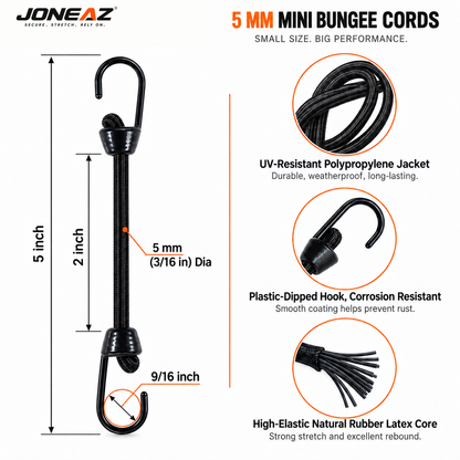 JONEAZ Mini Bungee Cords with Hooks, 5mm, 2–12 Inch & Mix Size