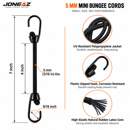 JONEAZ Mini Bungee Cords with Hooks, 5mm, 2–12 Inch & Mix Size