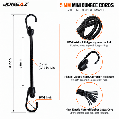 JONEAZ Mini Bungee Cords with Hooks, 5mm, 2–12 Inch & Mix Size