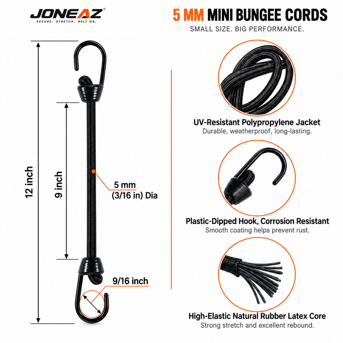JONEAZ Mini Bungee Cords with Hooks, 5mm, 2–12 Inch & Mix Size