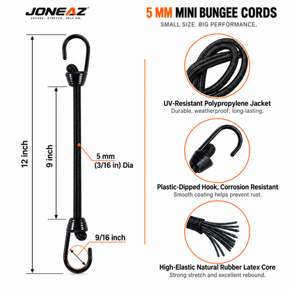 JONEAZ Mini Bungee Cords with Hooks, 5mm, 2–12 Inch & Mix Size