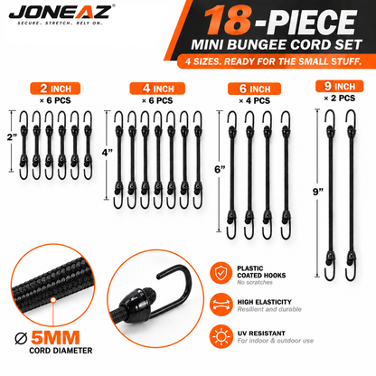 JONEAZ Mini Bungee Cords with Hooks, 5mm, 2–12 Inch & Mix Size
