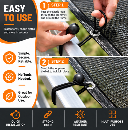 Two-step guide: pass the bungee loop through a grommet and around the frame, then stretch it over the ball